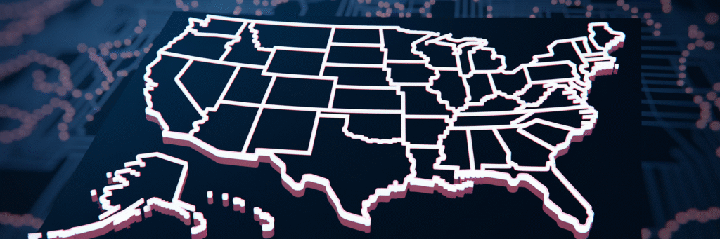 Stylized network map of the United States with glowing data pathways.