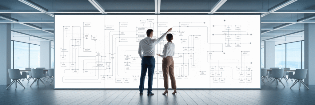 Zwei Experten planen IT-Infrastruktur am Whiteboard