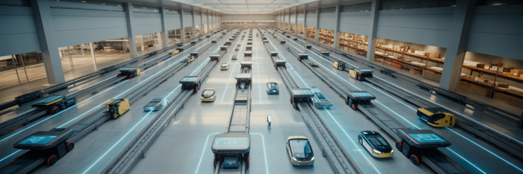 Automatisierte Prozesse in einer modernen Industriehalle.