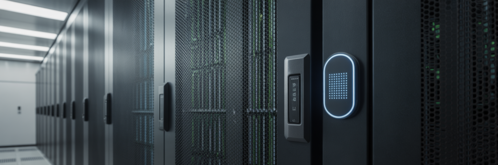 Moderner Serverschrank mit leuchtendem biometrischem Schloss.
